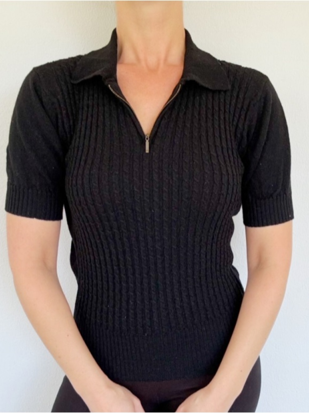 Vintage Evan Picone 100% merino wool black ribbed knit zip collar sweater small